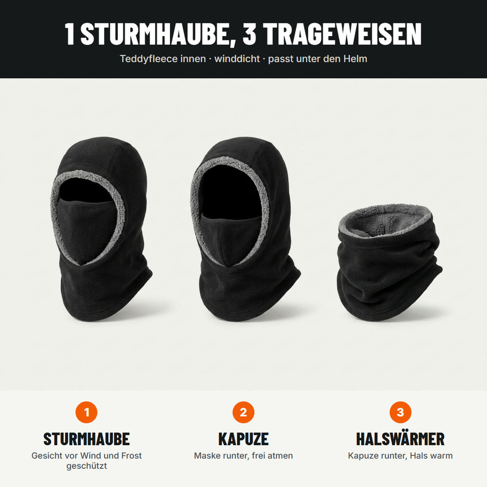 1 Sturmhaube, 3 Trageweisen