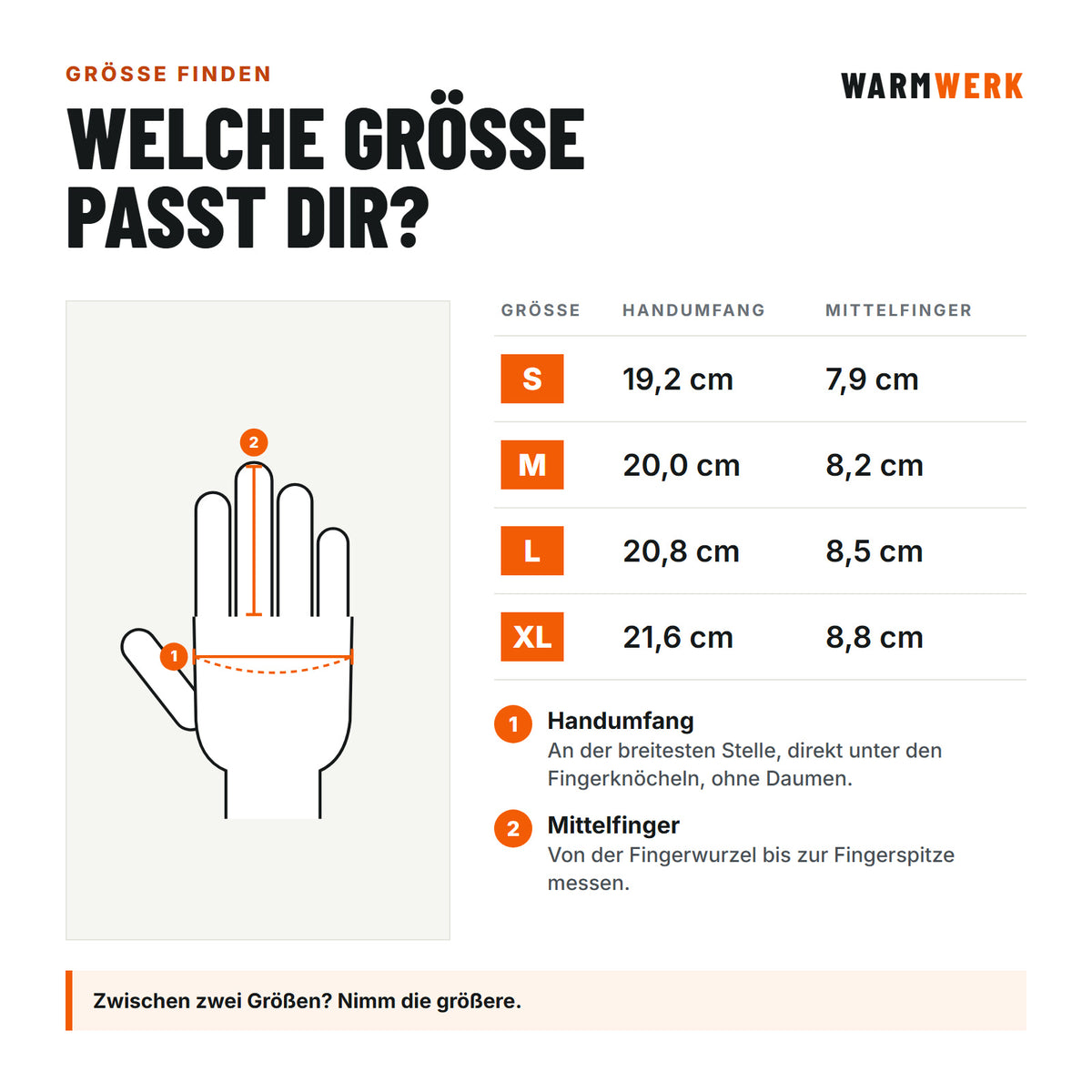 Größentabelle Handschuhe: Handumfang und Mittelfinger S bis XL