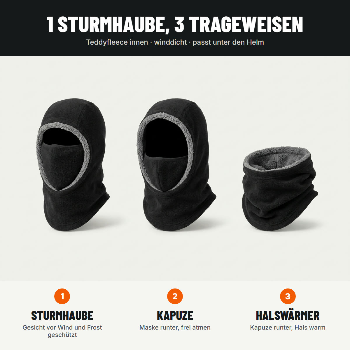 1 Sturmhaube, 3 Trageweisen